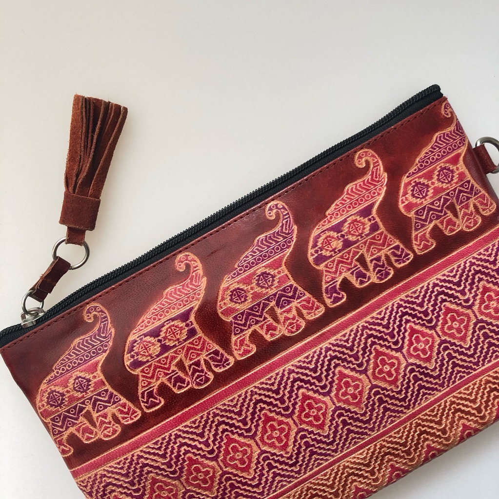 Vintage Leather Embossed Elephant Clutch